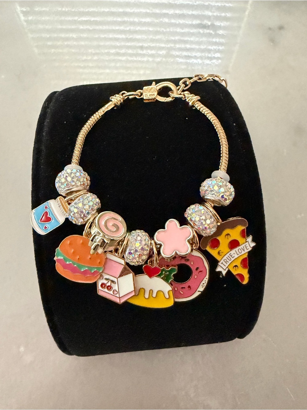 Pink & Gold tone Bracelet with Food-Themed Enamel pieces